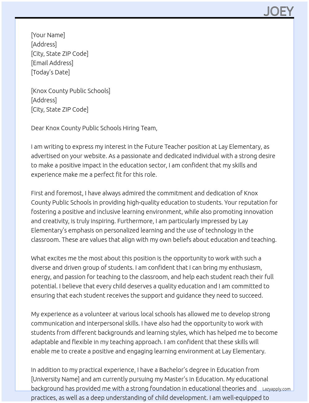 Future Teacher At Lay Elementary  Cover Letter