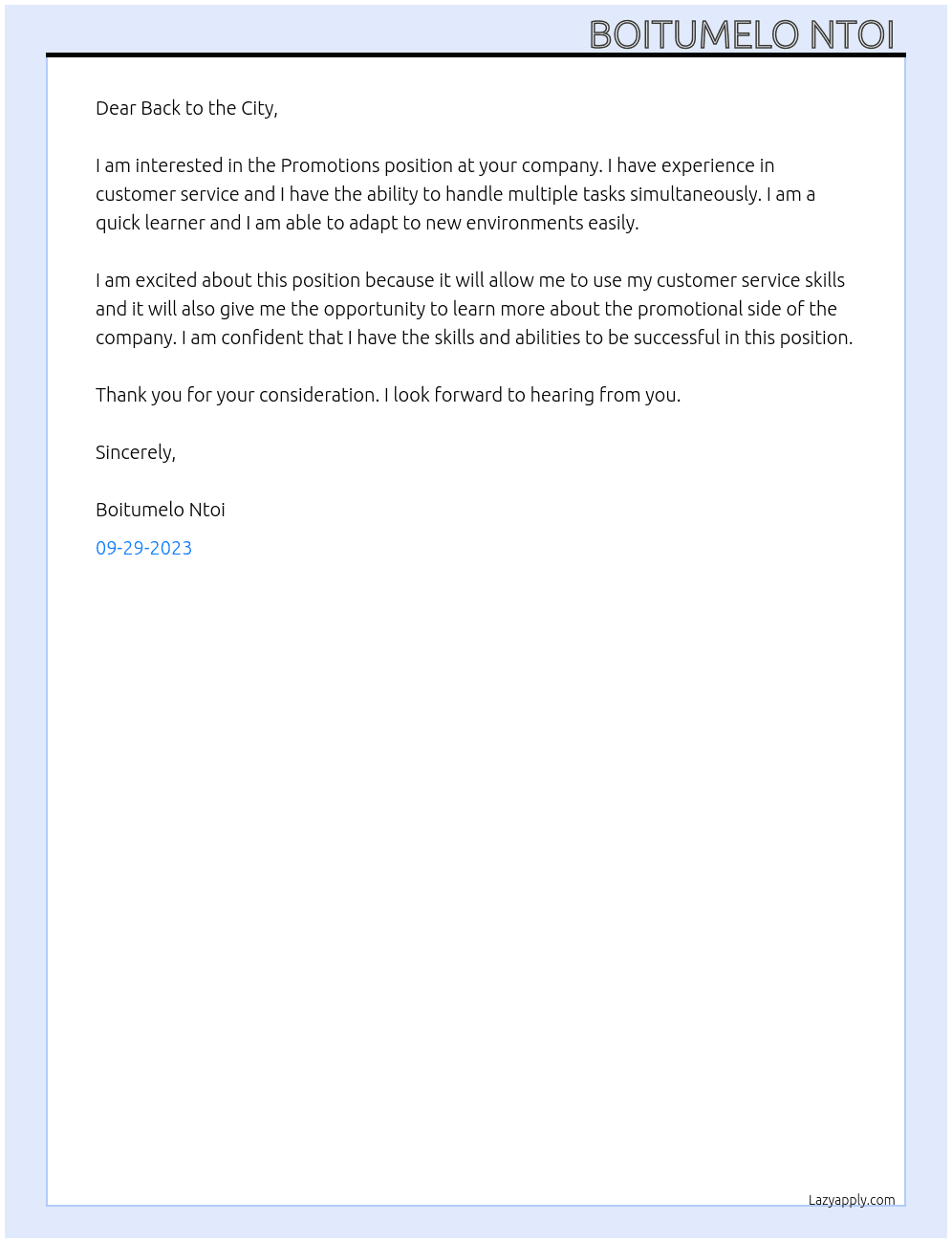 Promotions At Back to the city Cover Letter