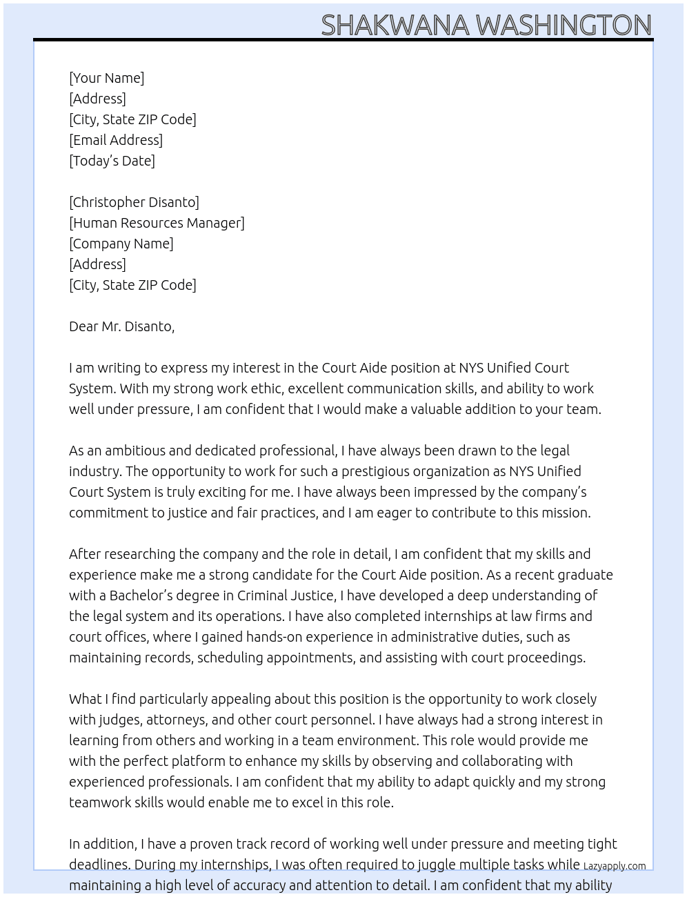 Court Aide At NYS Unified Court System Cover Letter