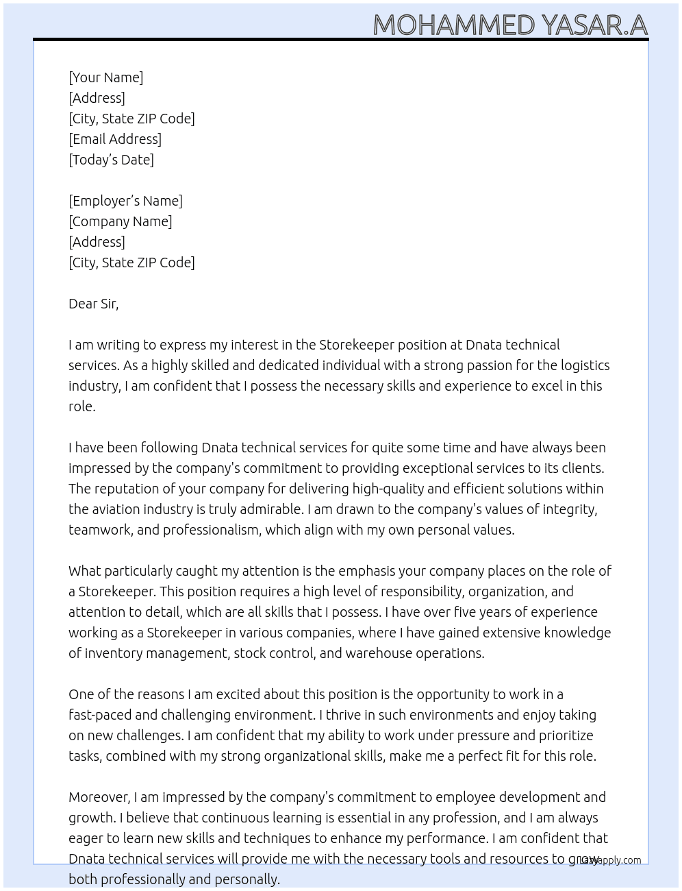 Storekeeper  At Dnata technical services  Cover Letter