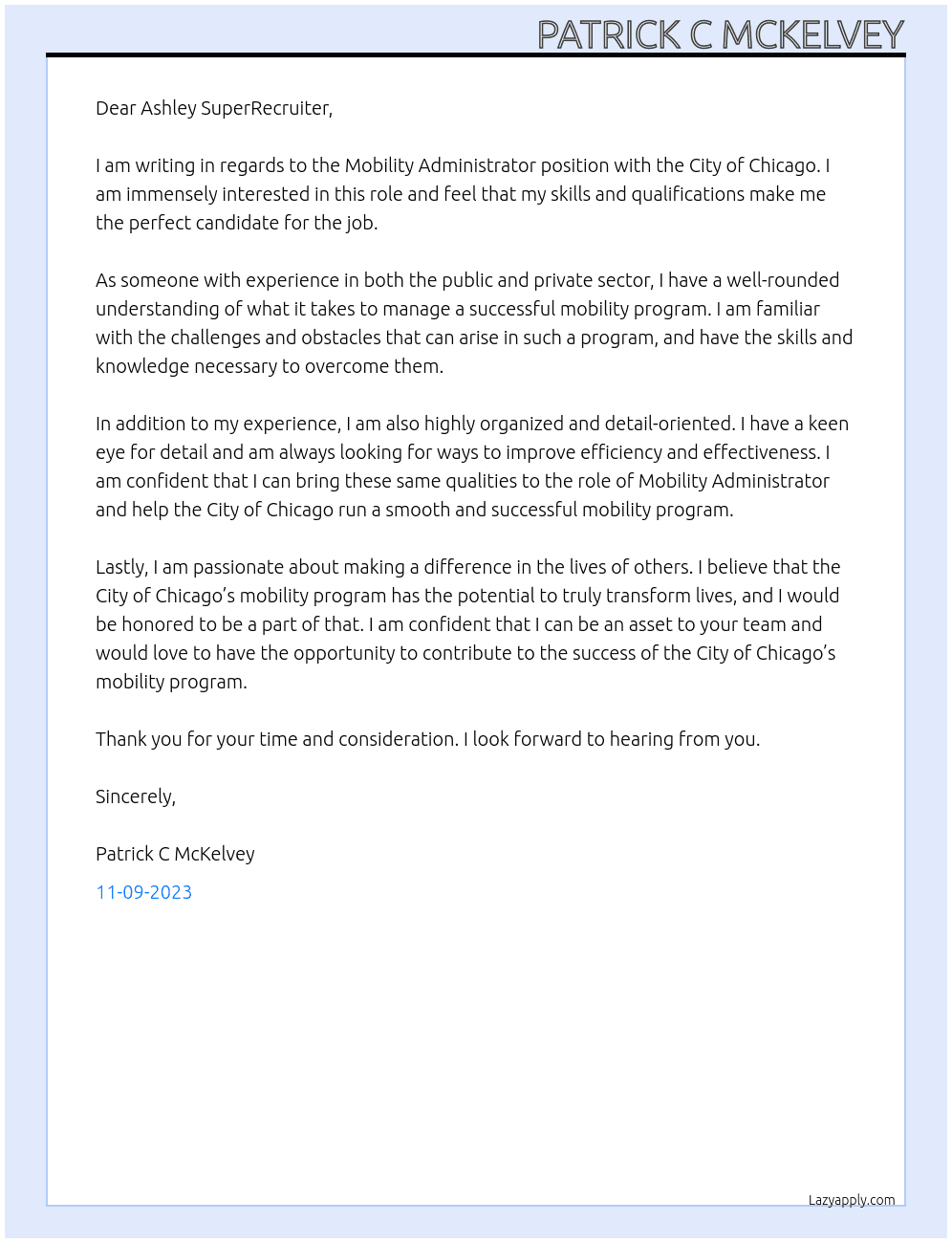 Mobility Administrator At City of Chicago Cover Letter