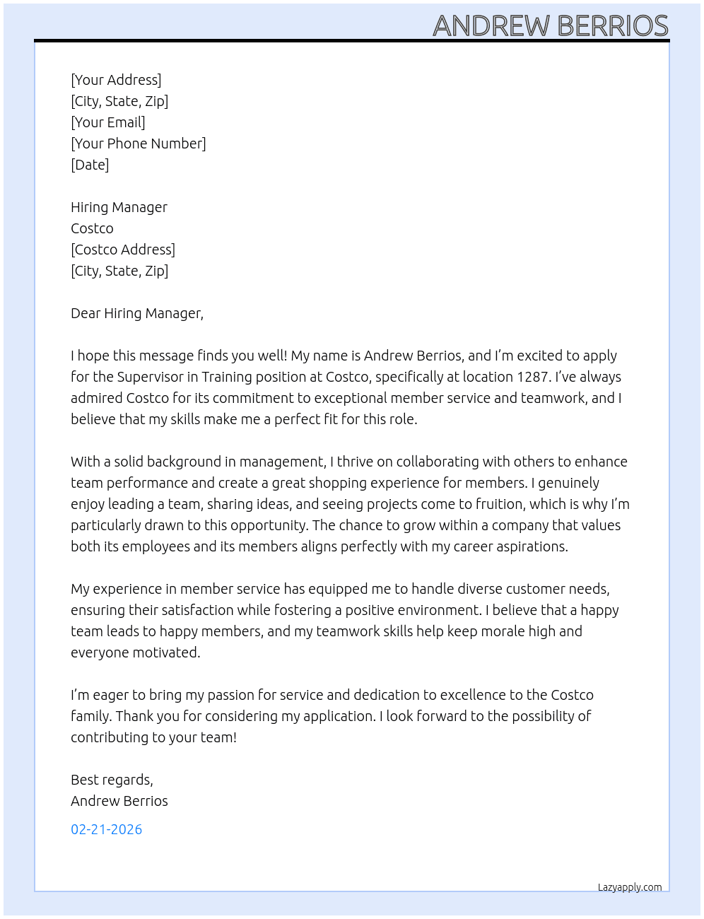 Supervisor In Training  At Costco Cover Letter