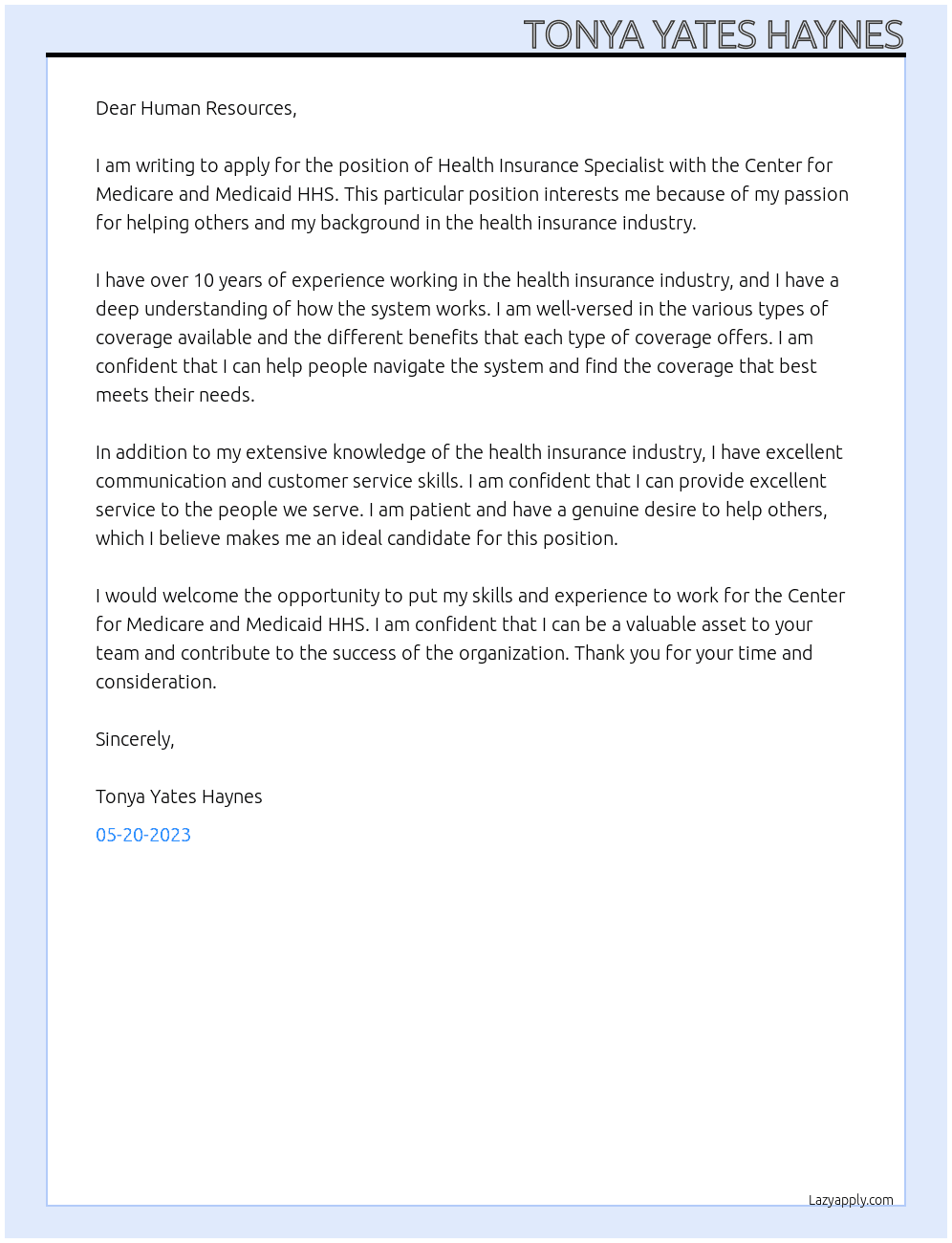 Health Insurance Specialist At Center for Medicare and Medicaid HHS Cover Letter