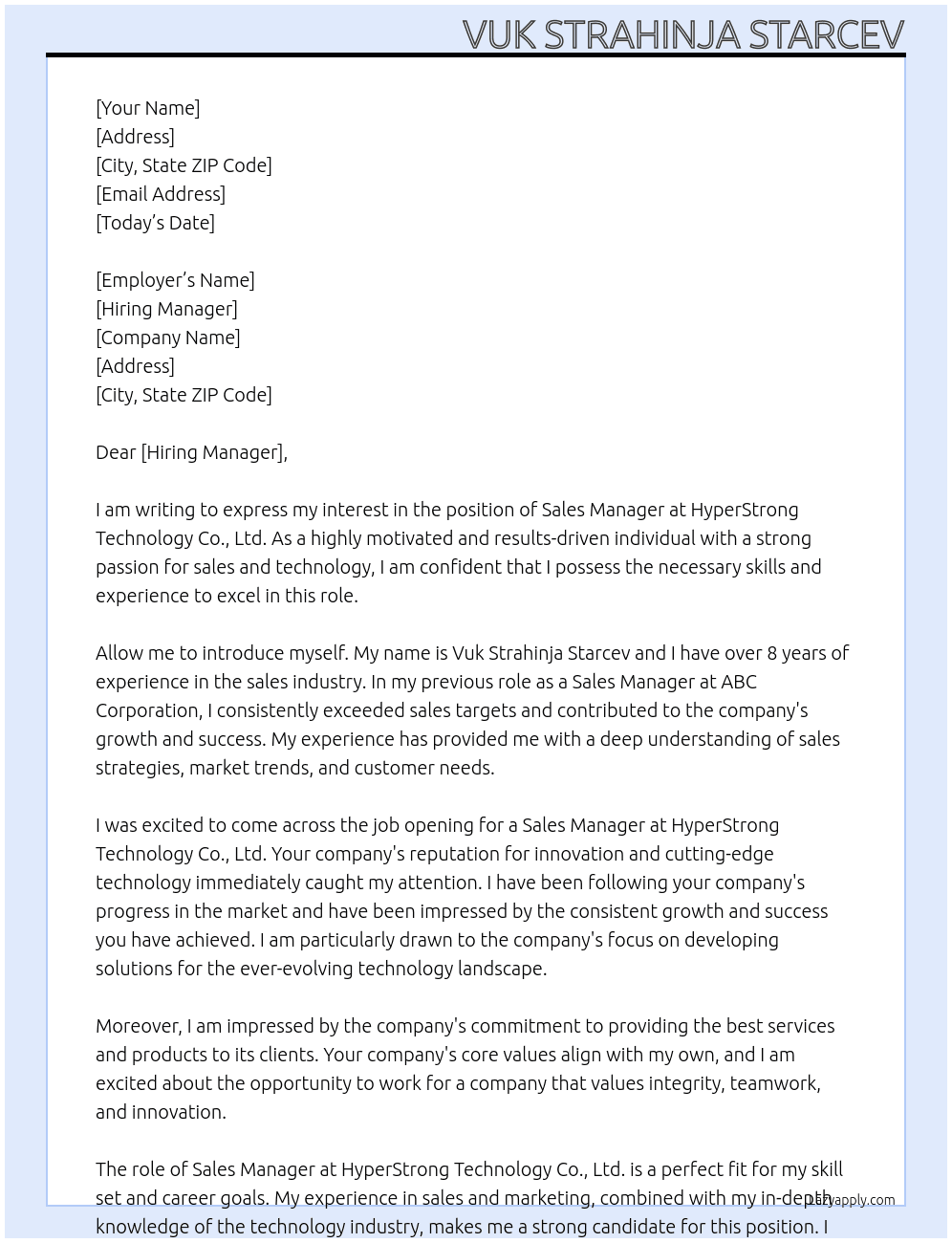 sales manager At HyperStrong Technology Co., Ltd. Cover Letter