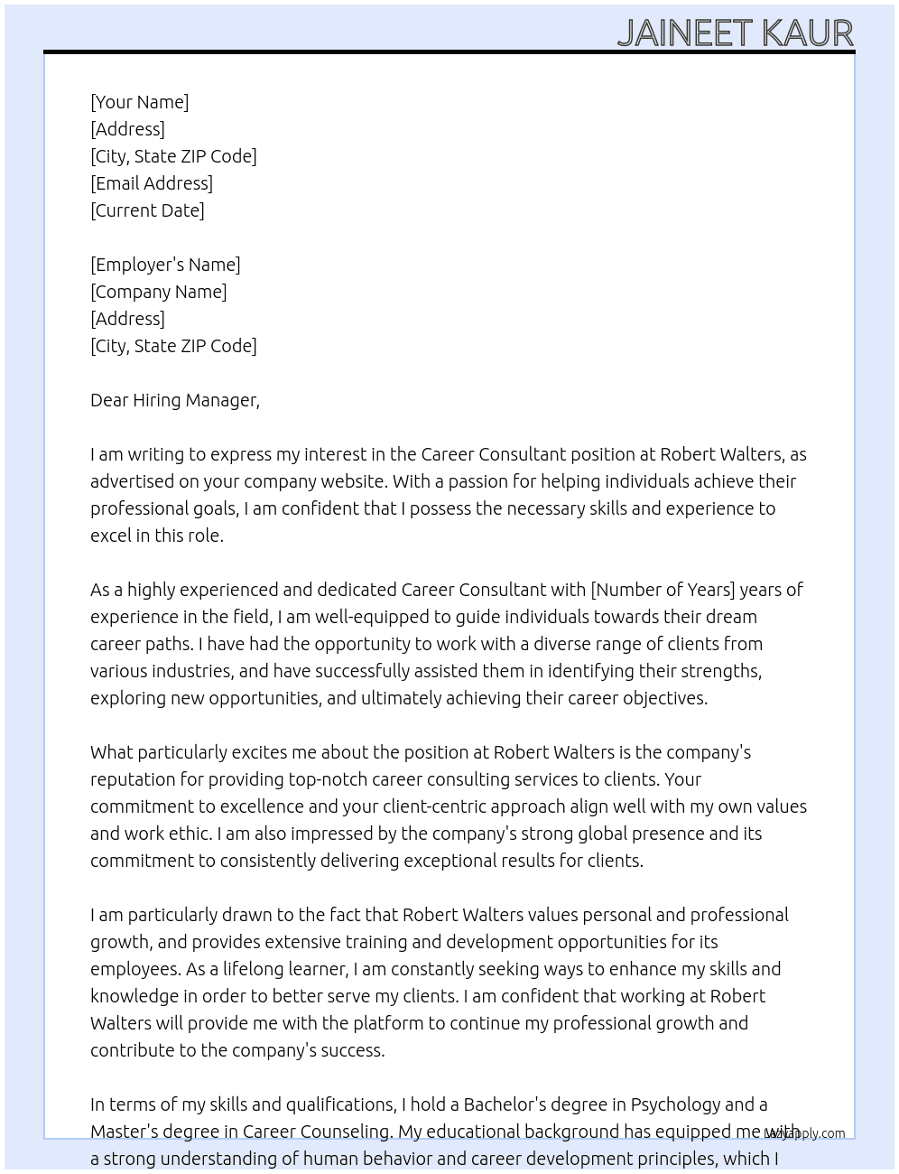 Career Consultant  At Robert Walters Cover Letter
