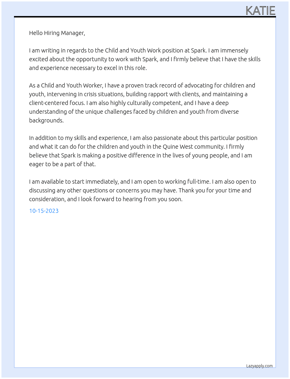 child and youth work At Spark Cover Letter