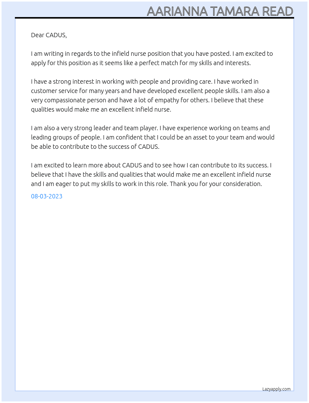 infield nurse At CADUS Cover Letter