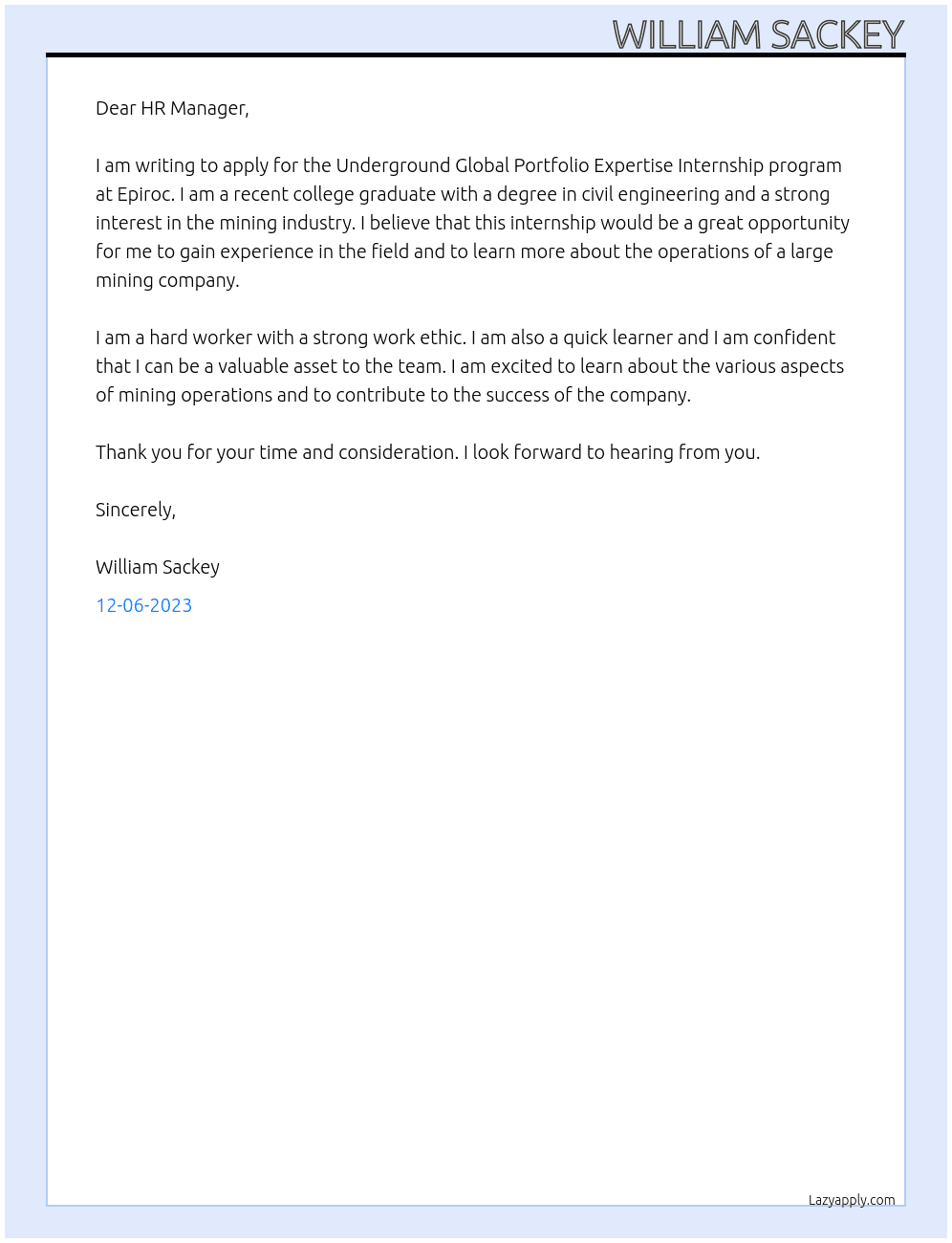 Underground Global Portfolio Expertise Internship program  At Epiroc Cover Letter