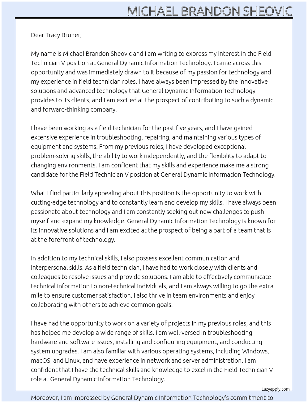 Field Technician V At General Dynamic Information Technology Cover Letter