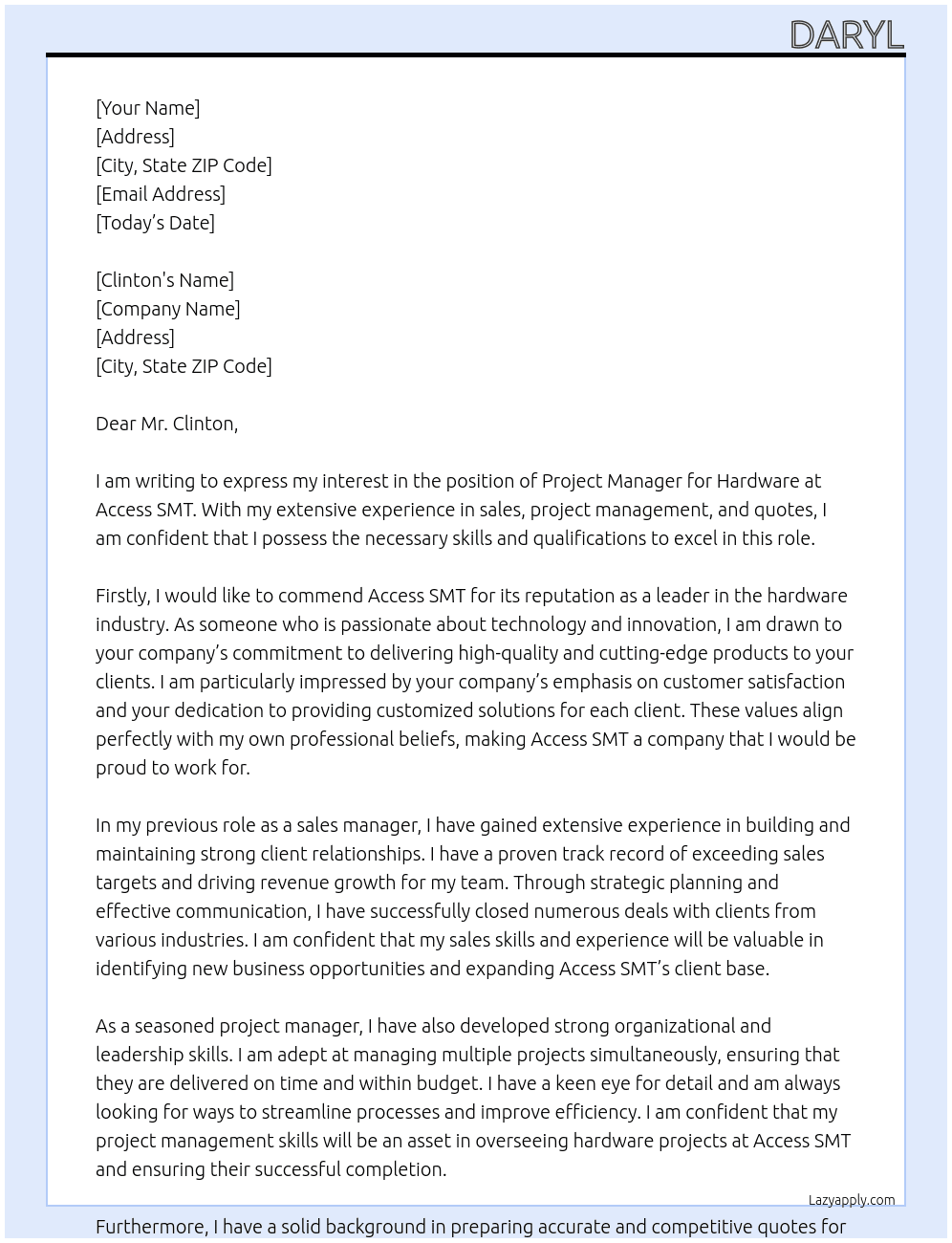 Project Manager for Hardware At Access SMT Cover Letter