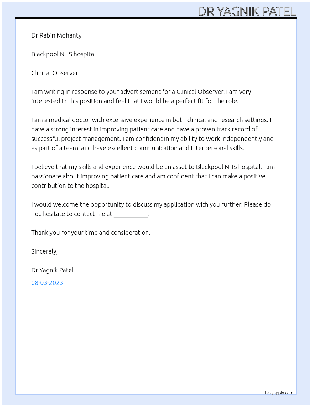 Clinical Observer At Blackpool NHS hospital Cover Letter