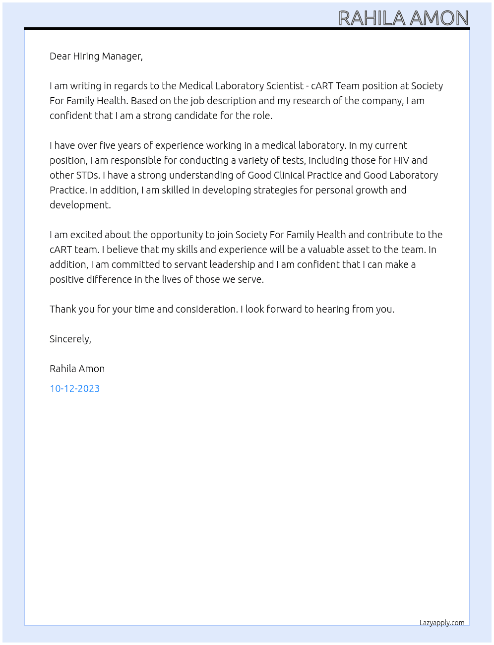 Medical Laboratory Scientist - cART Team At Society For Family Health Cover Letter