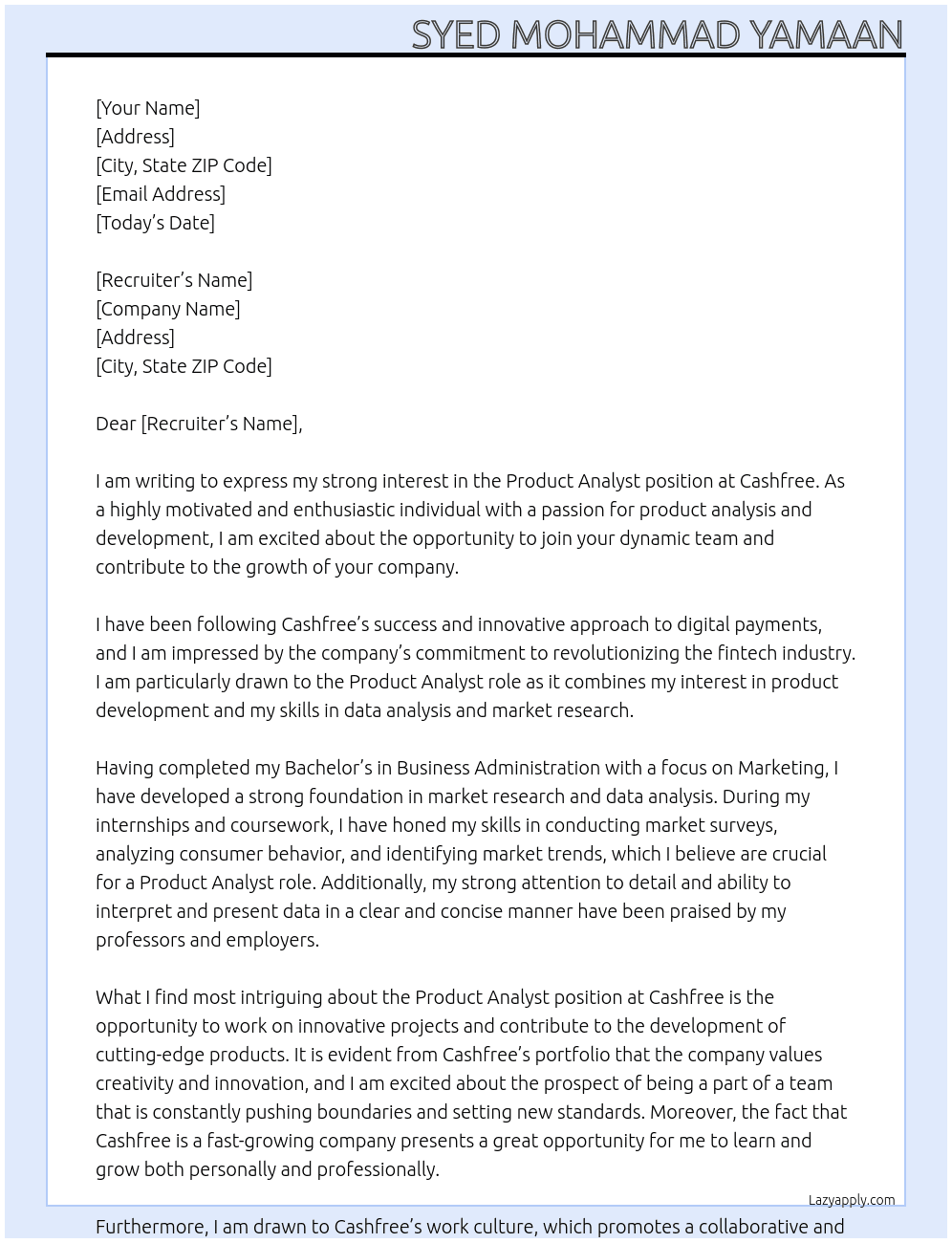 Product Analyst At Cashfree Cover Letter
