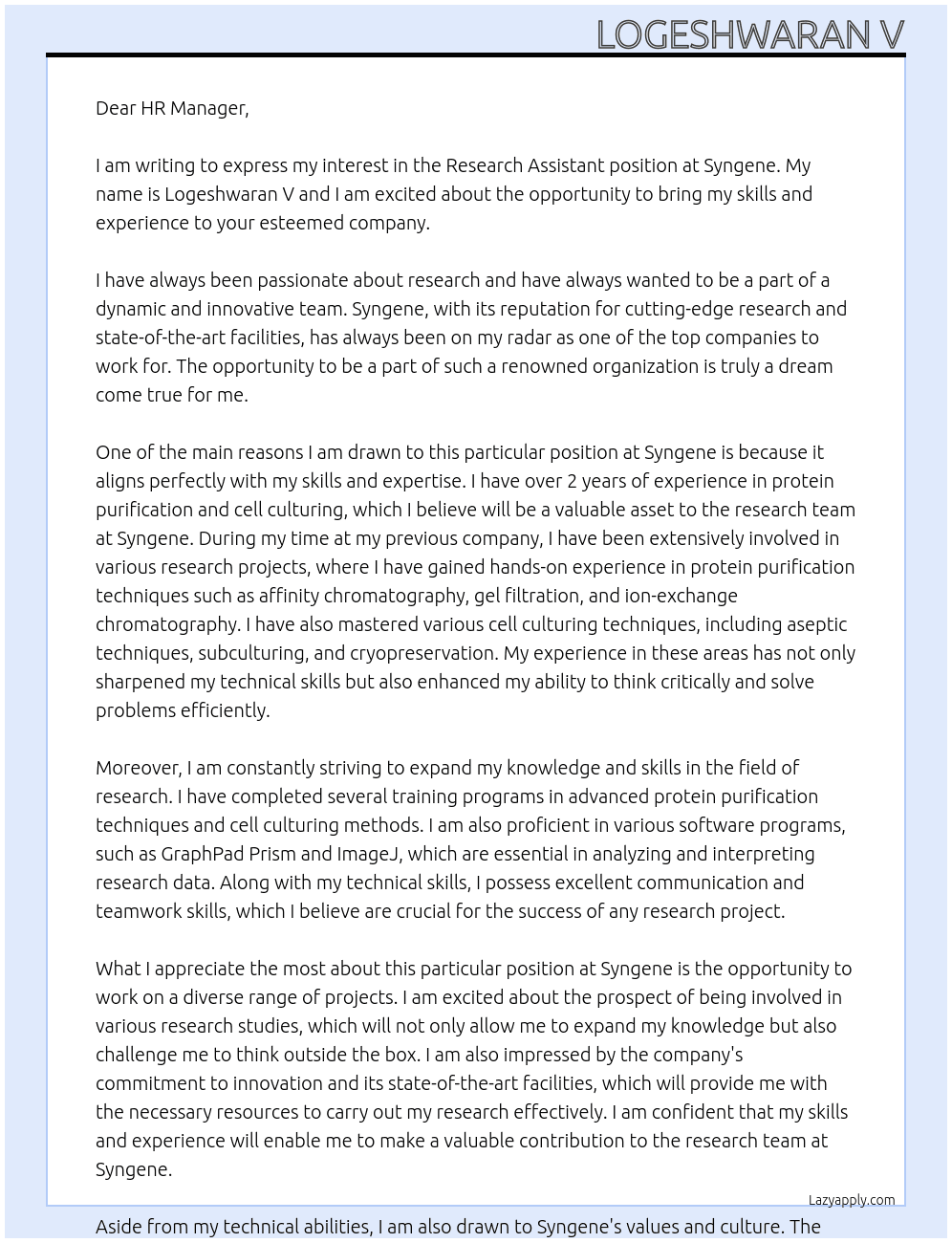 Research Assistsnt At Syngene Cover Letter