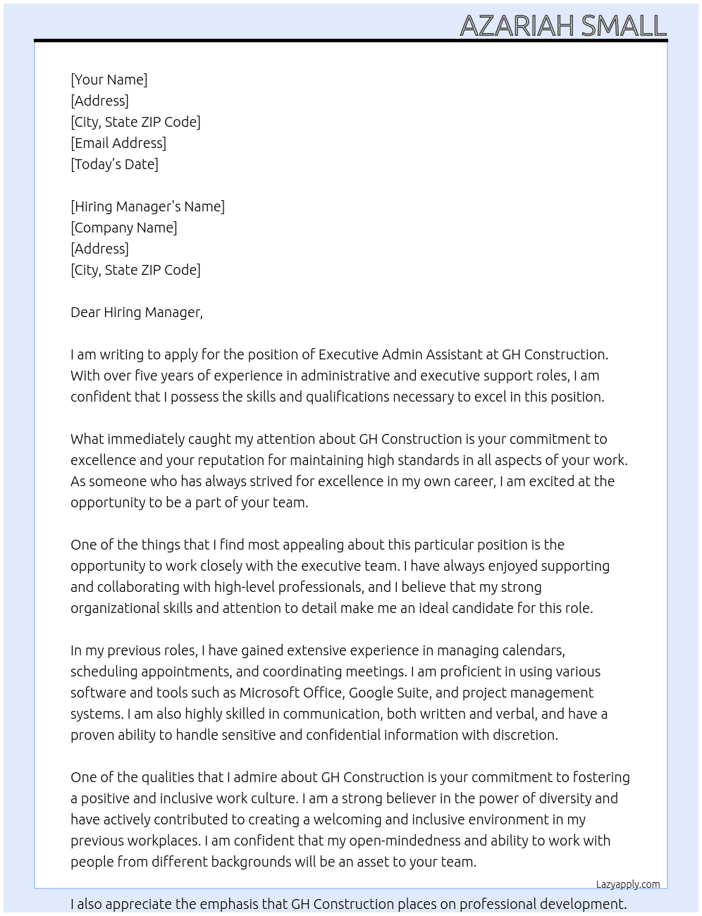 Executive Admin Assistant At GH Construction Cover Letter
