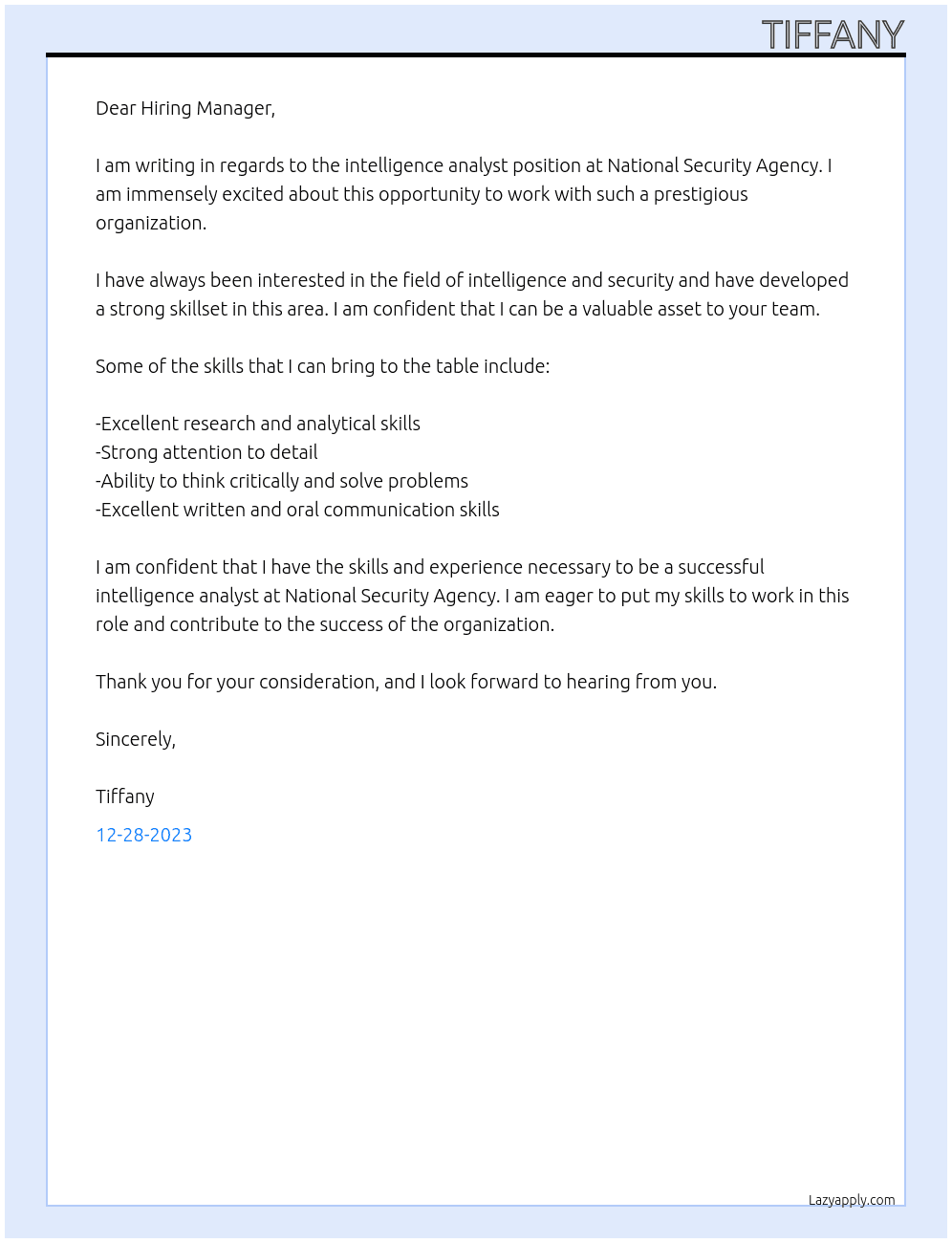 Intelligence analyst At National Security Agency  Cover Letter