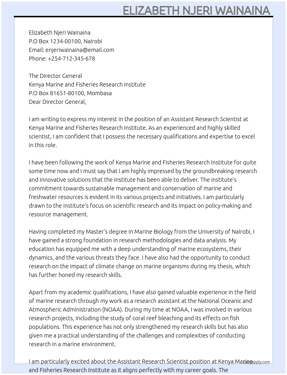 Assistant Research Scientist At Kenya Marine and Fisheries Research Institute Cover Letter