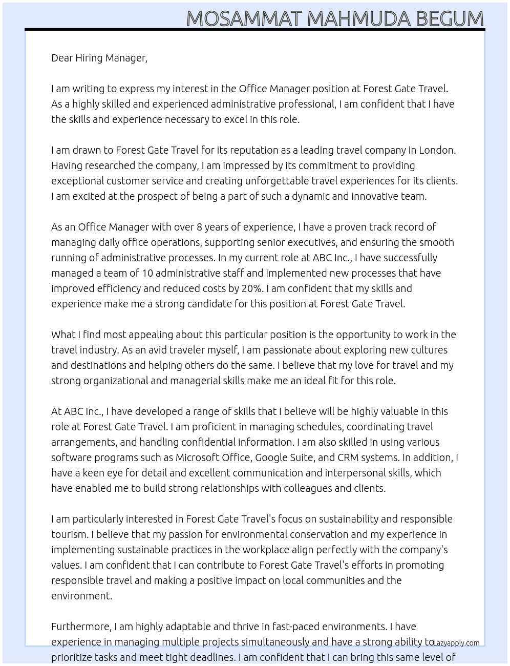 Office Manager At Forest Gate Travel Cover Letter