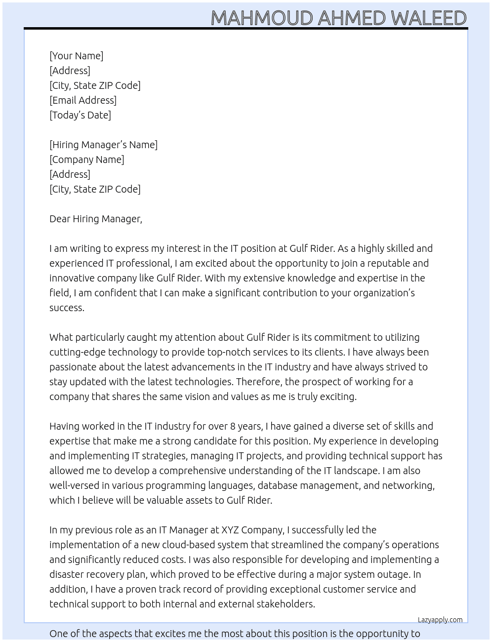 IT At Gulf Rider Cover Letter