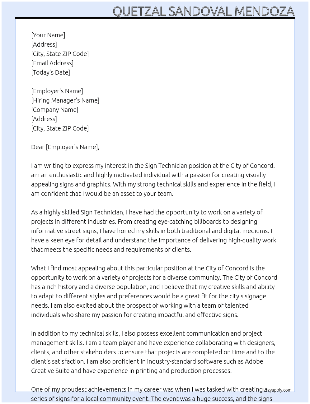 Sign Technician At City of Concord Cover Letter