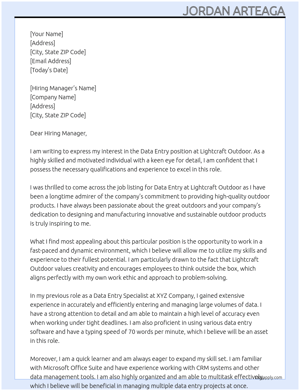Data Entry At Lightcraft Outdoor Cover Letter
