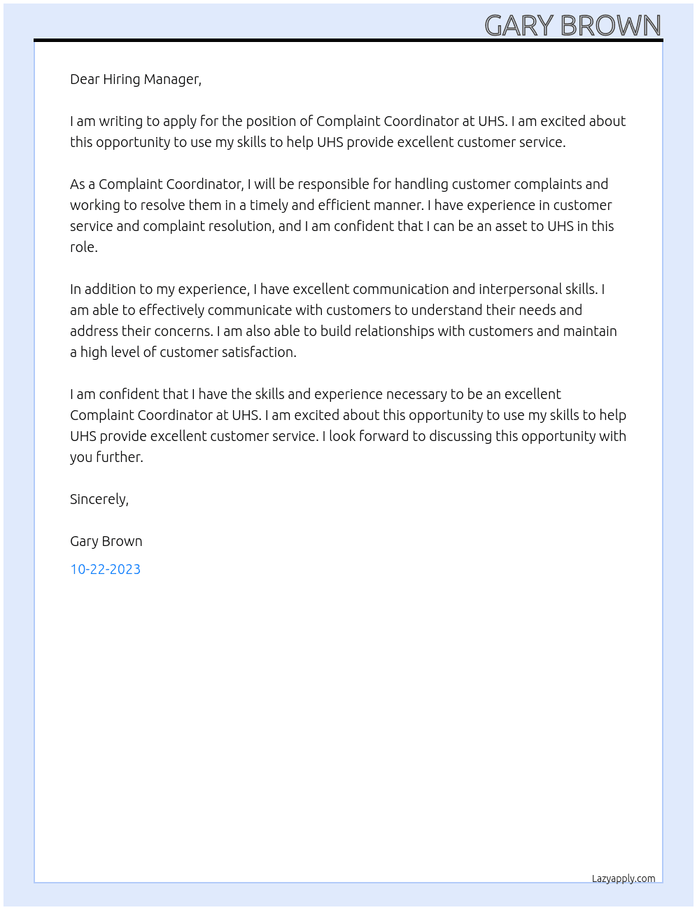 Complaint Coordinator At UHS Cover Letter