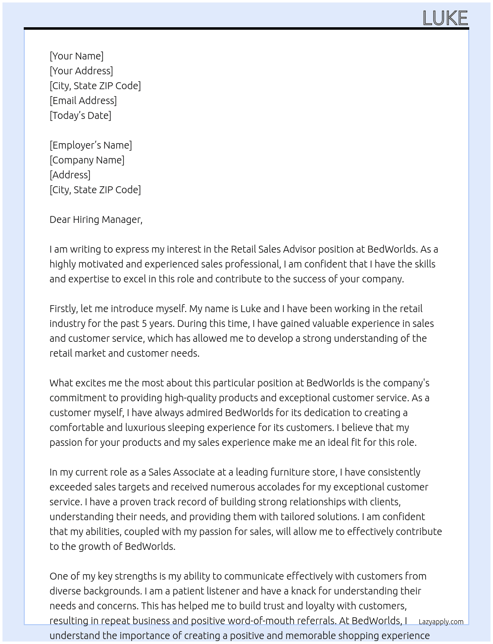 Retail Sales Advisor  At BedWorlds Cover Letter