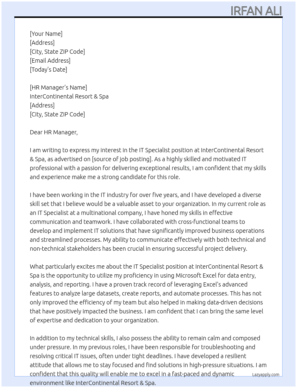 IT Specialist  At InterContinental Resort & Spa Cover Letter