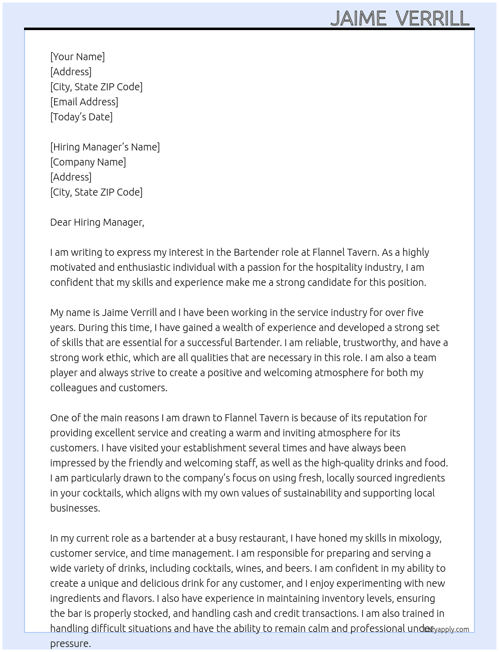Bartender  At Flannel Tavern Cover Letter