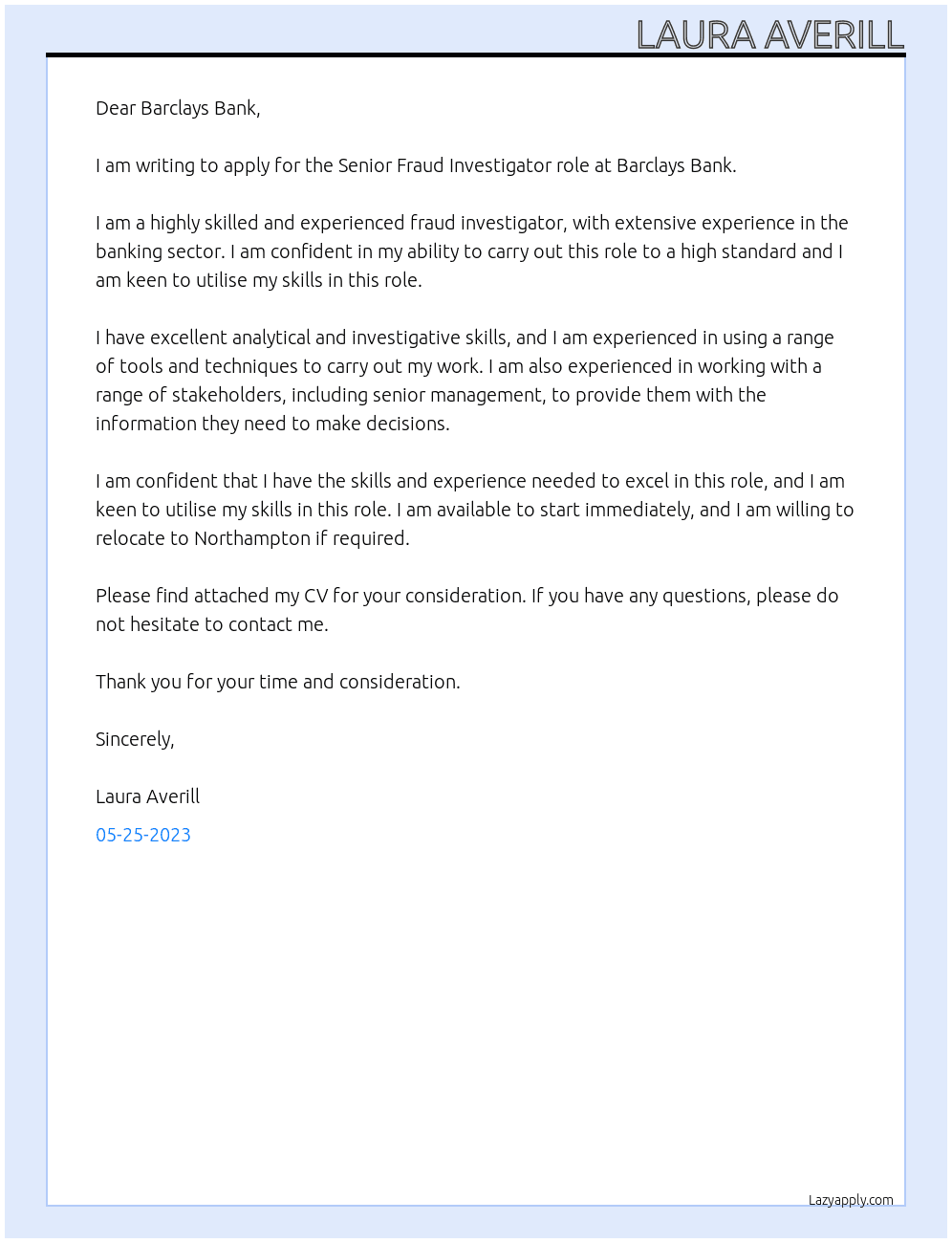 Senior fraud investigator  At Barclays Bank Cover Letter
