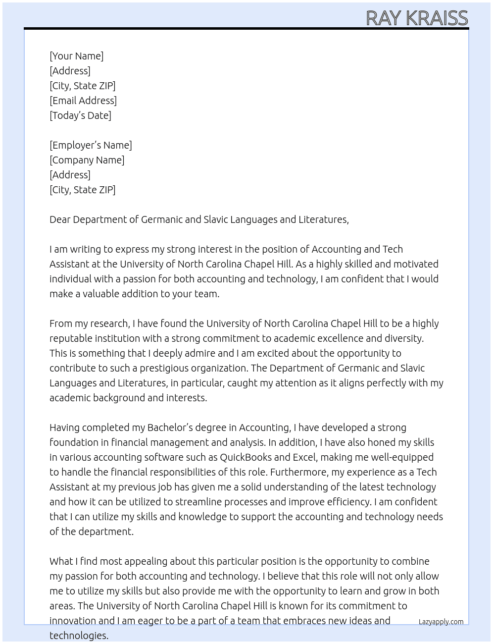 Accounting and Tech Assistant At University of North Carolina Chapel Hill Cover Letter