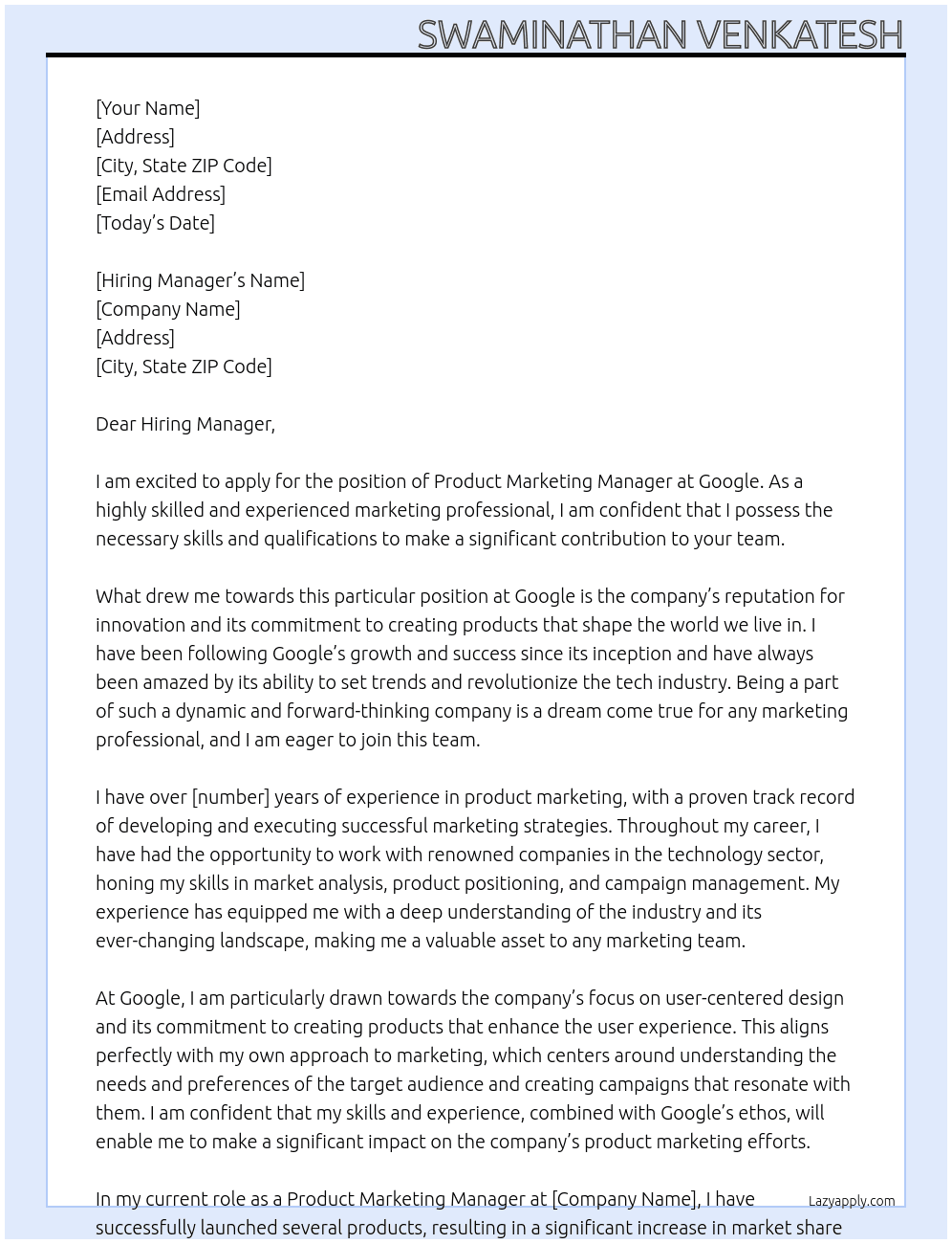 PRODUCT MARKETING MANAGER At GOOGLE Cover Letter