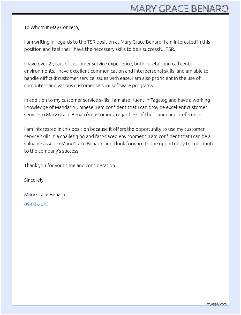 TSR At Mary Grace Benaro Cover Letter