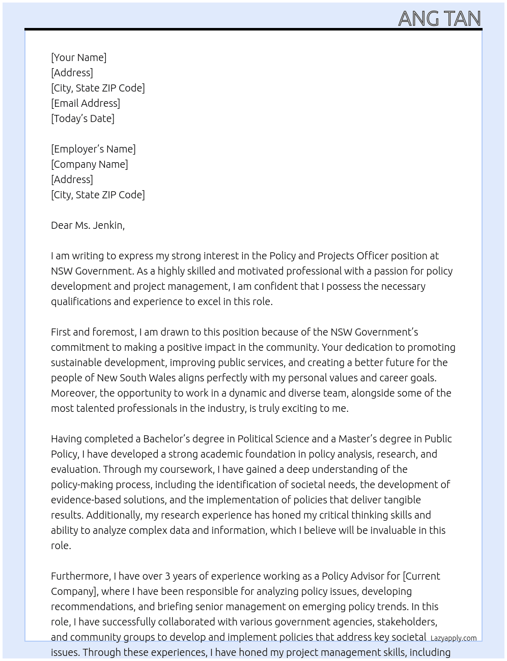 Policy and Projects Officer At NSW Government Cover Letter