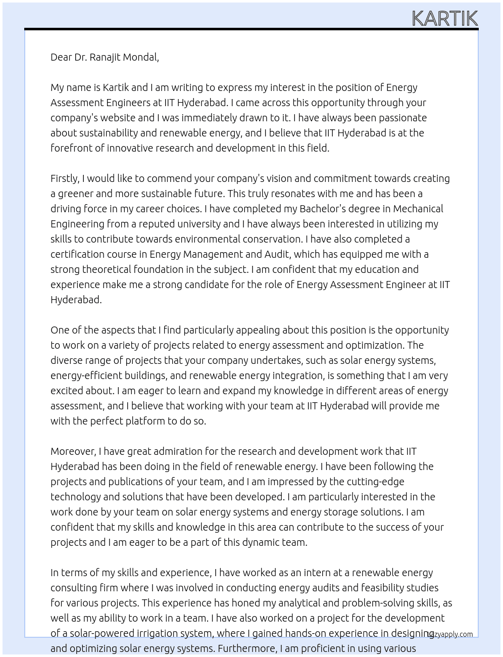 Energy Assessment Engineers At IIT HYDERABAD Cover Letter