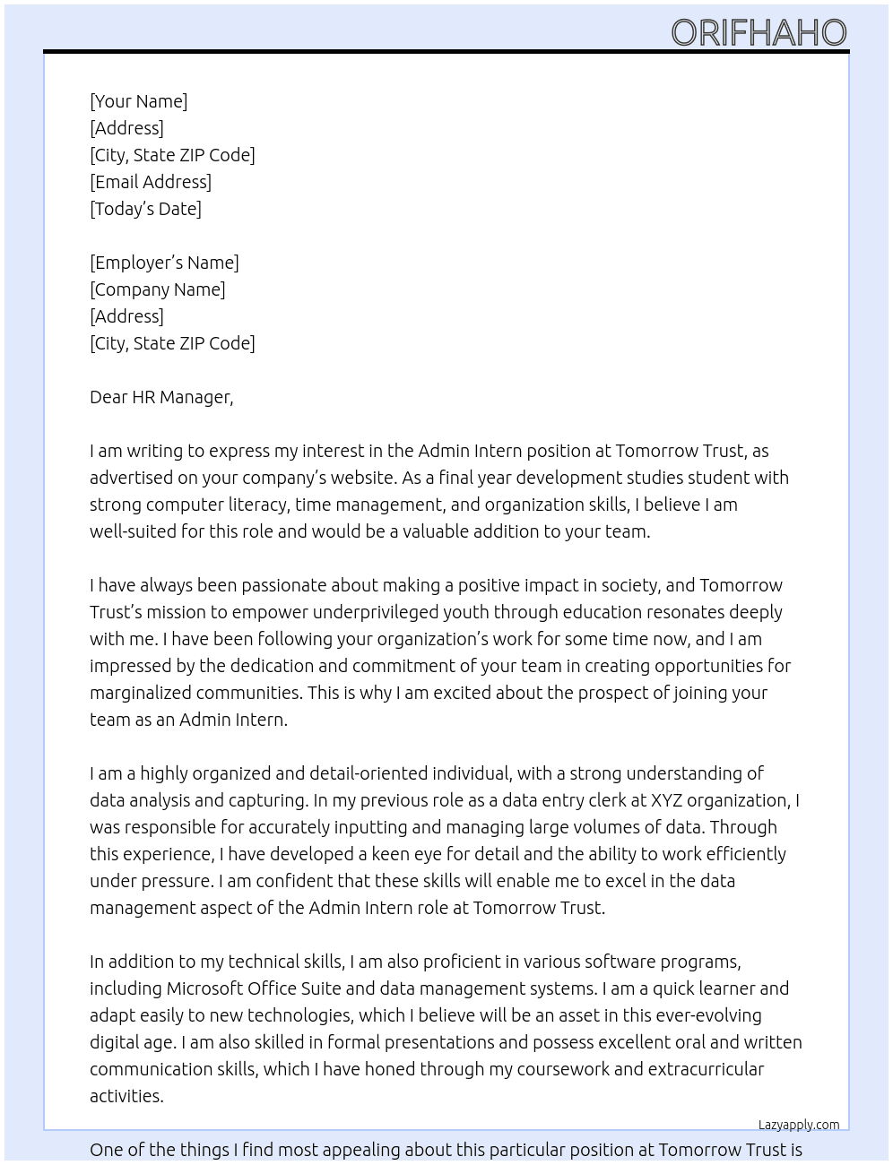 Admin intern At Tomorrow Trust Cover Letter