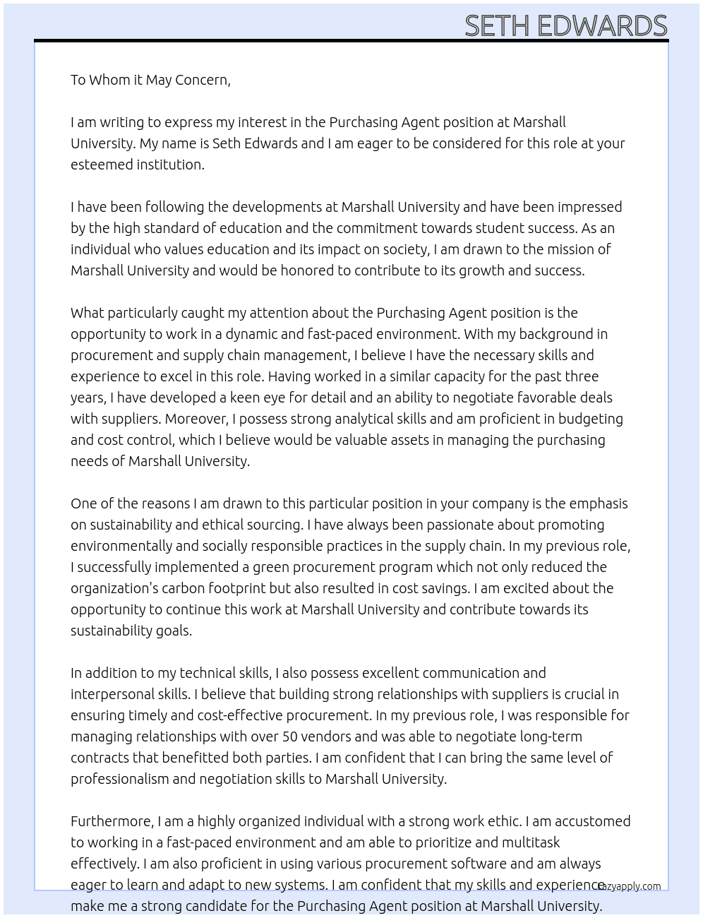Purchasing Agent At Marshall University Cover Letter