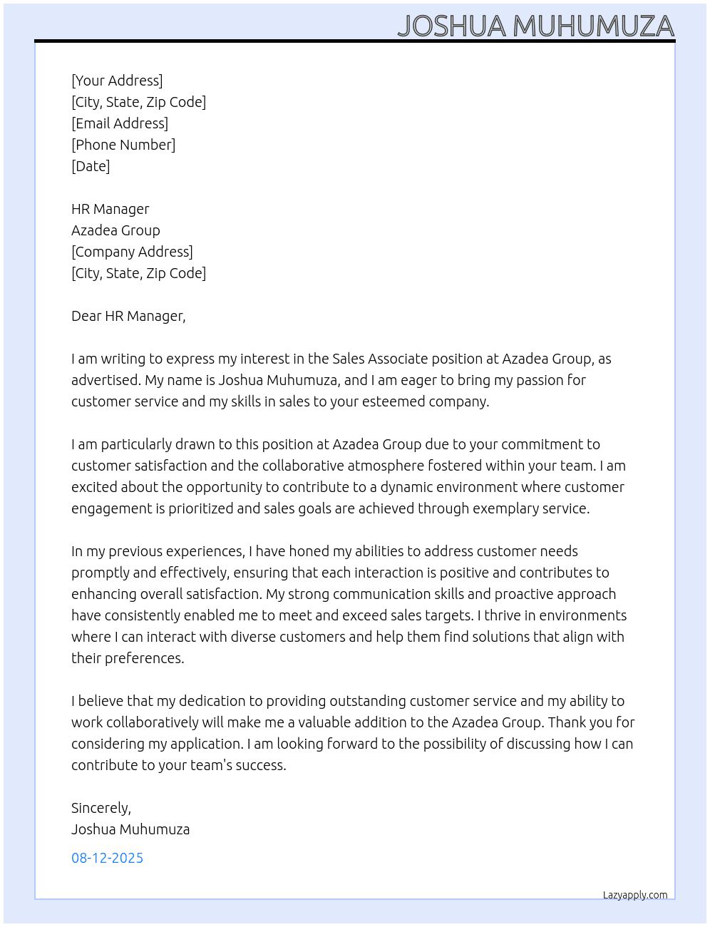 sales associate At azadea group Cover Letter