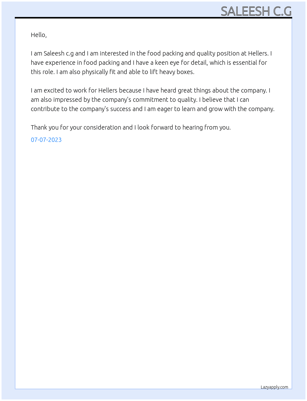 Food packer and quality  At Hellers  Cover Letter