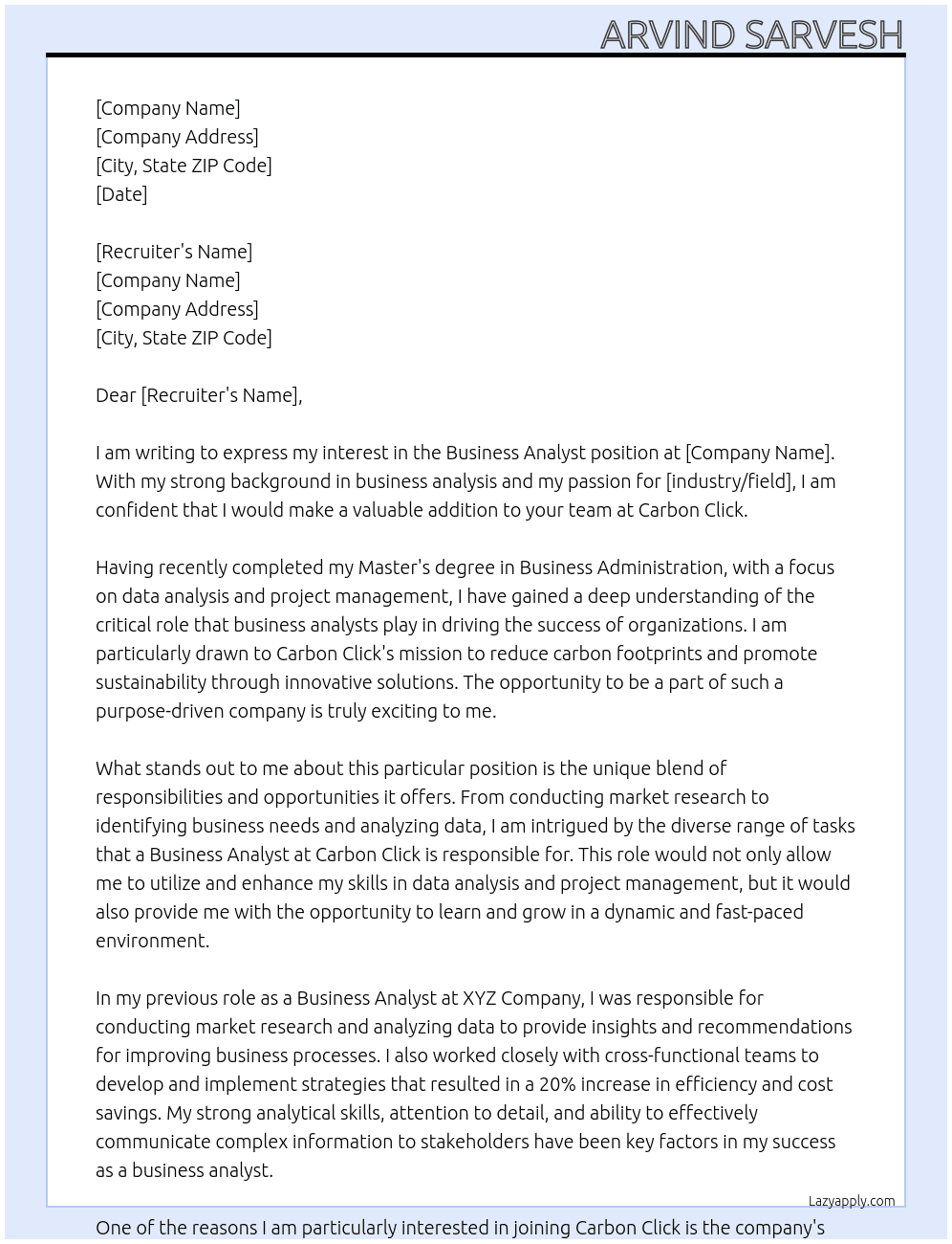 Business Analyst At carbon click Cover Letter