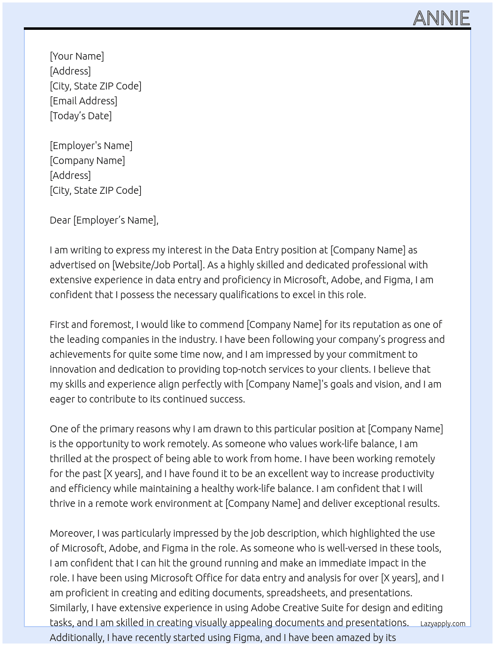 Data Entry At wfh Cover Letter