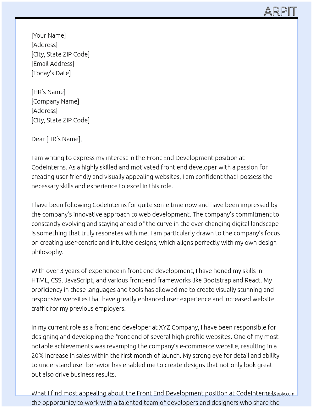 Front End Development  At CodeInterns Cover Letter