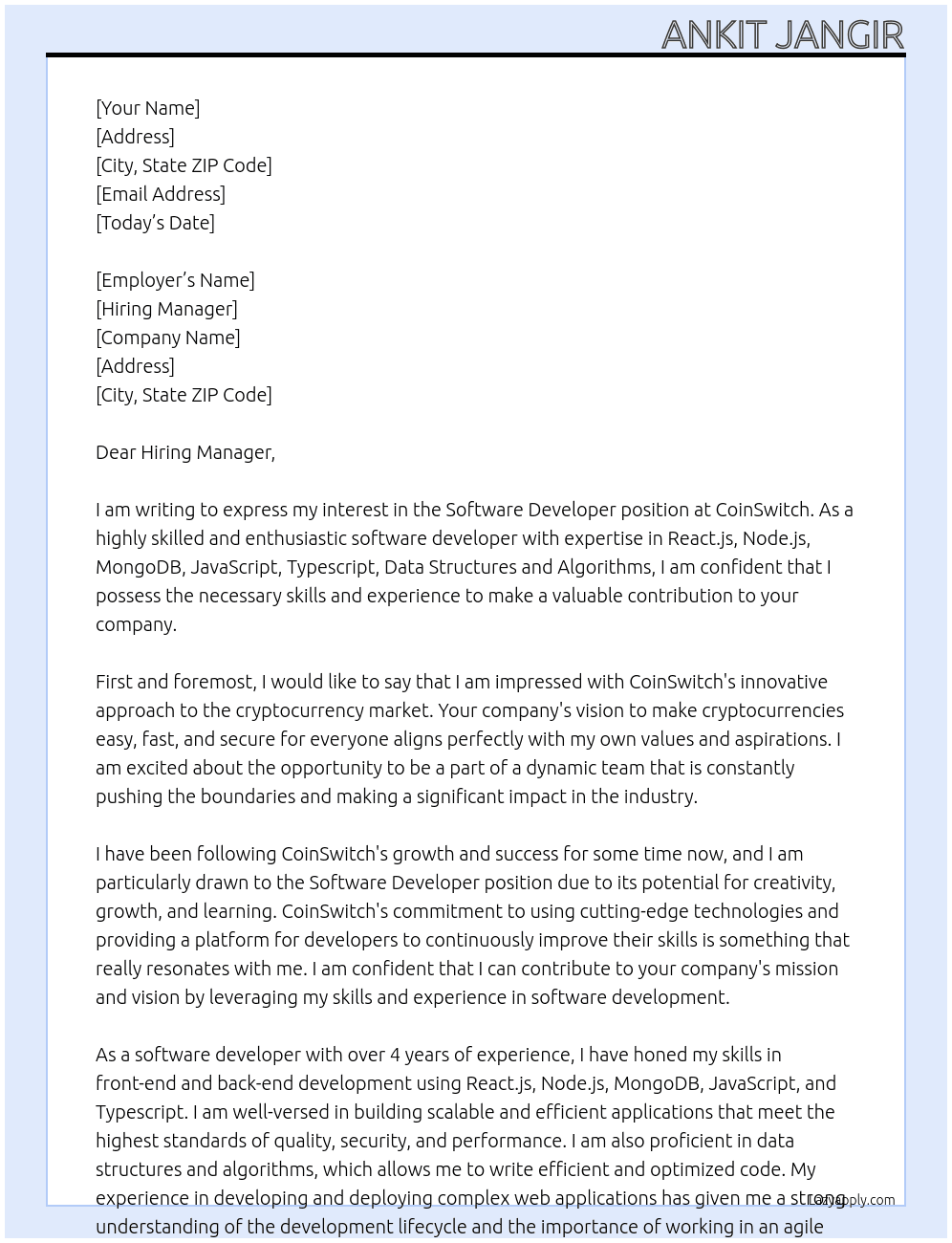 Software developer At CoinSwitch Cover Letter