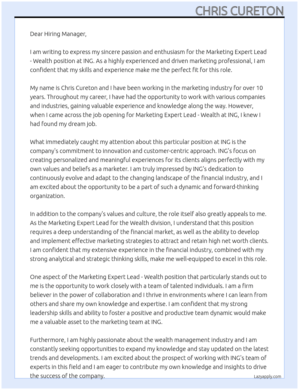 Marketing Expert Lead - Wealth At ING Cover Letter