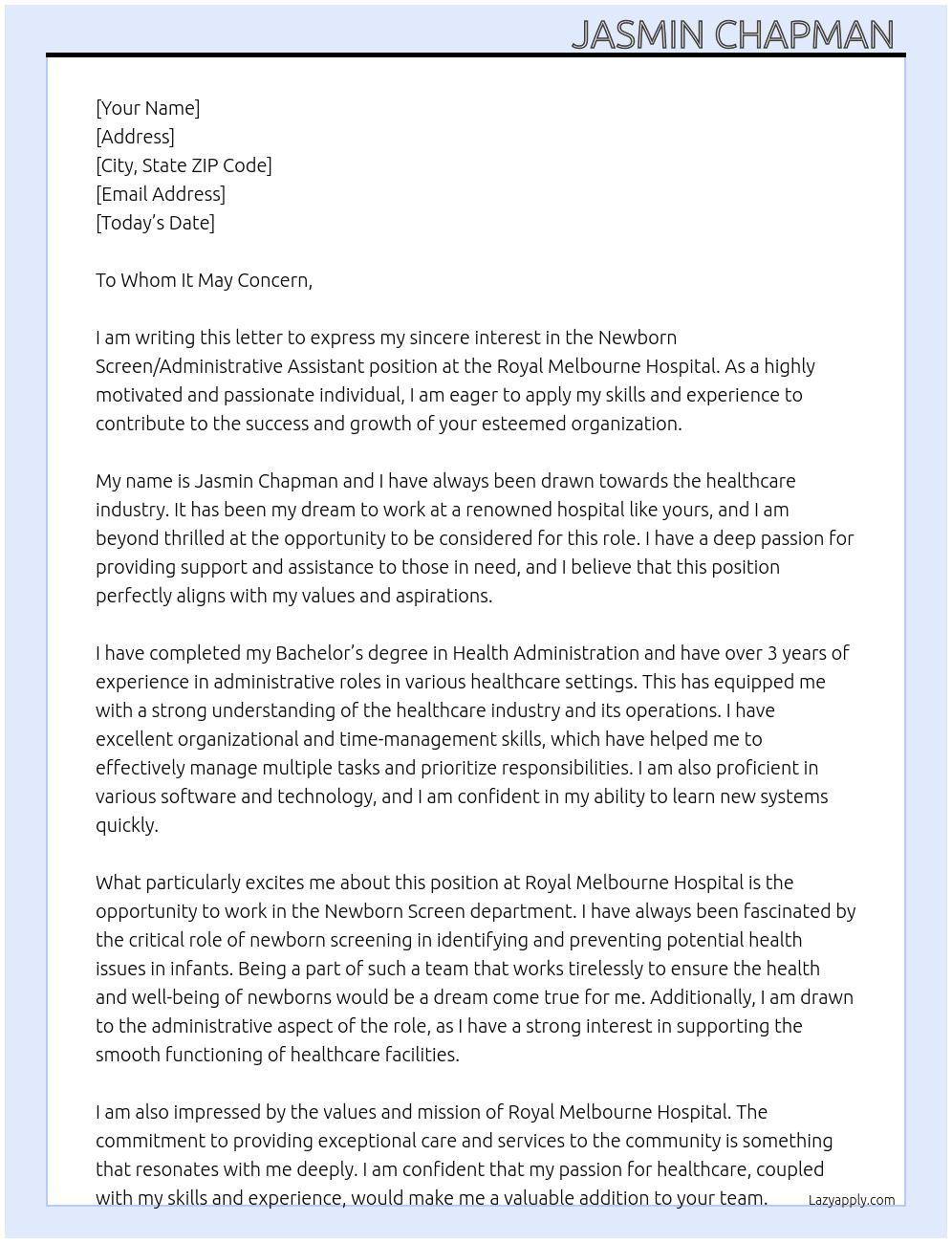 Newborn screen/ administrative assistant At Royal Melbourne hospital  Cover Letter