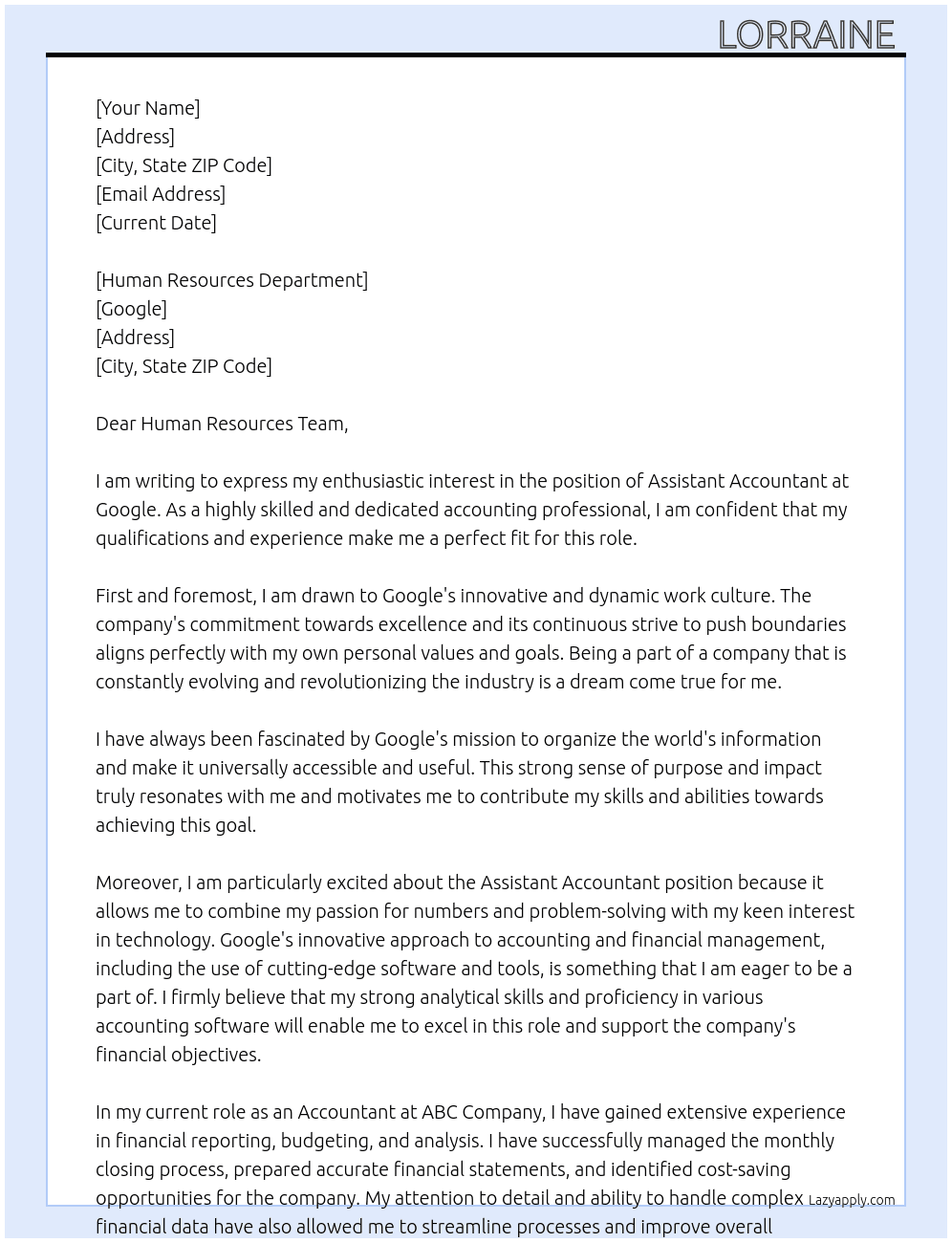 Assistant accountant At Google Cover Letter