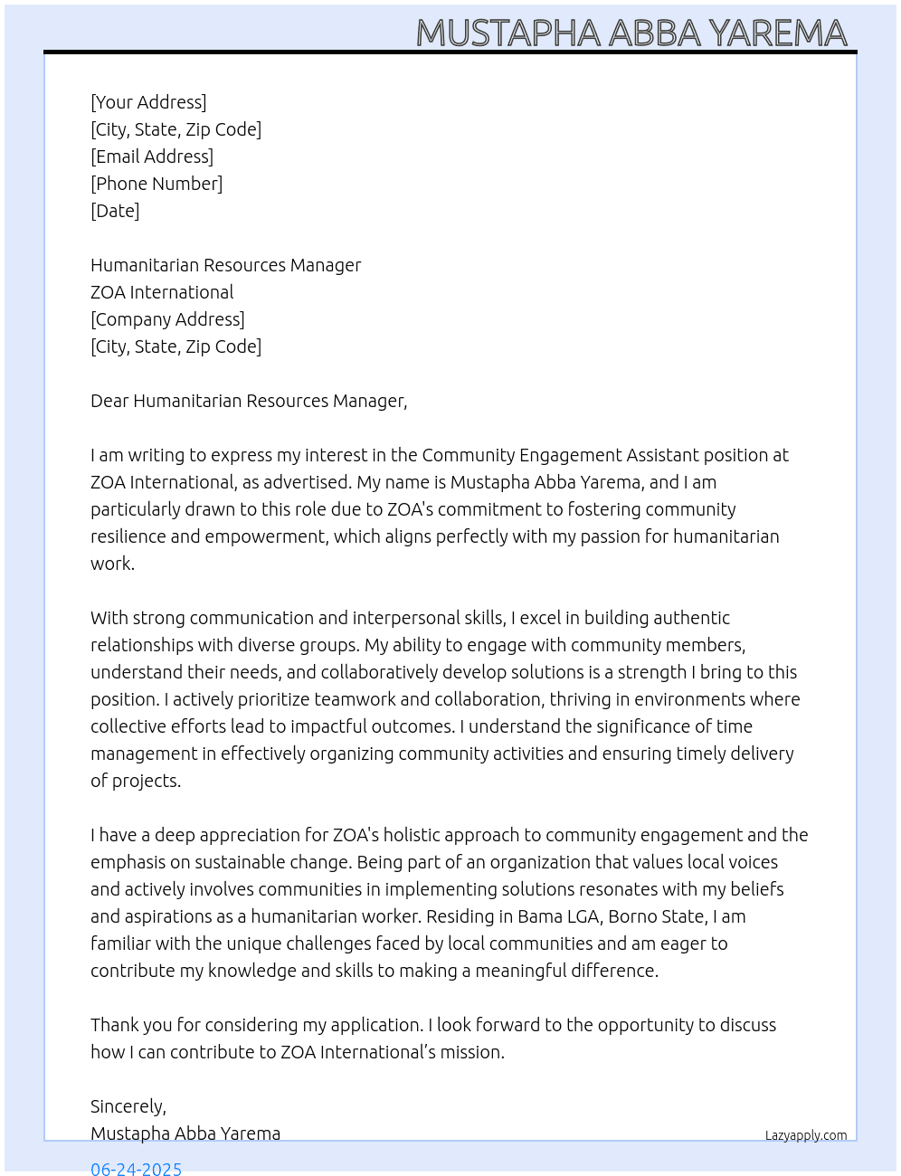 Community Engagement Aisstant  At ZOA International  Cover Letter
