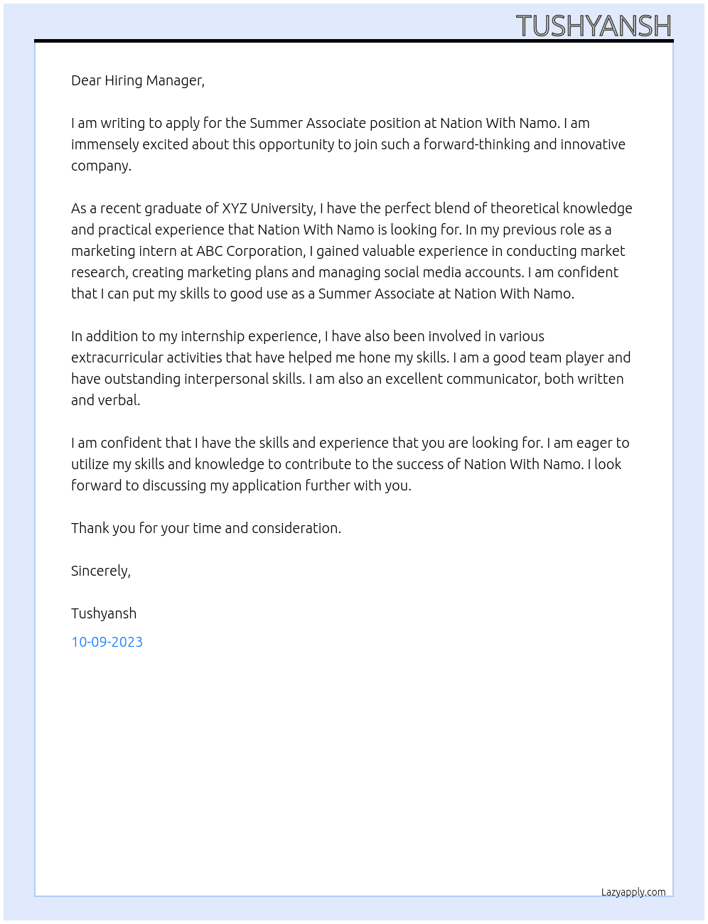 Summer Associate At Nation With Namo Cover Letter