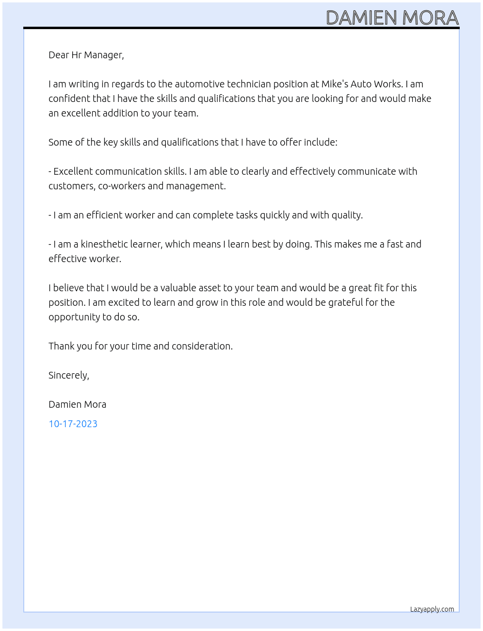 Automotive technician At Mike's Auto Works Cover Letter
