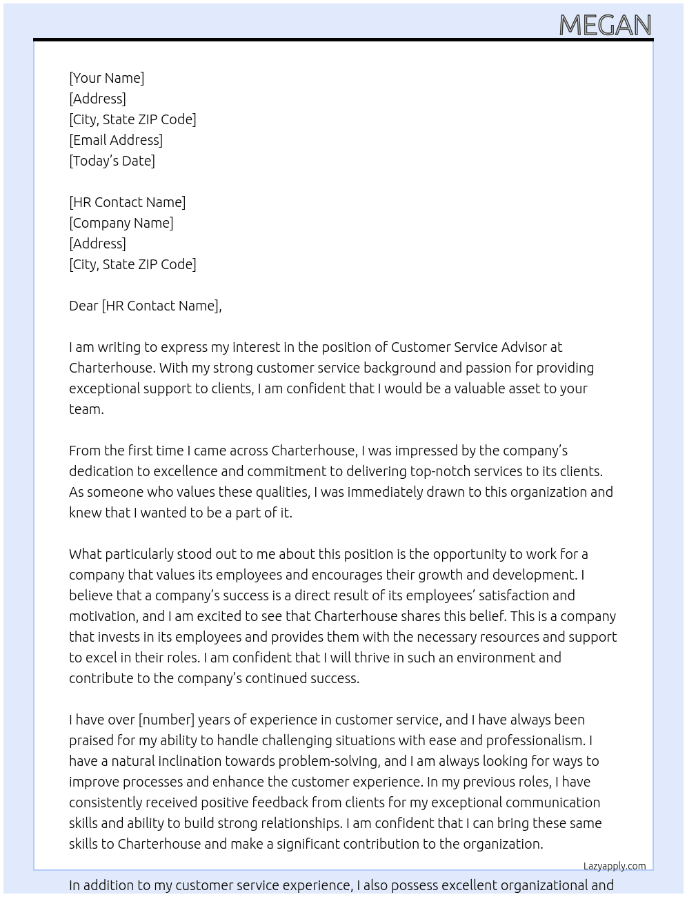 Customer Service Advisor At Charterhouse  Cover Letter